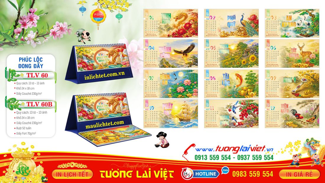 Mẫu lịch bàn 13 tờ Chữ Thư Pháp
