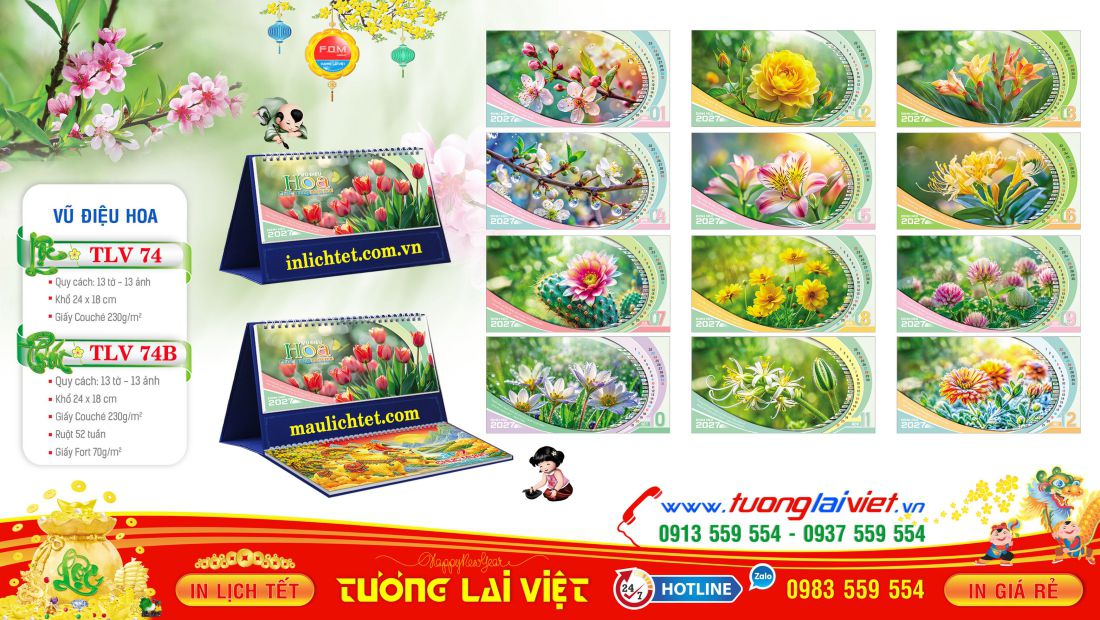 Mẫu lịch bàn 13 tờ Hoa Nghệ Thuật