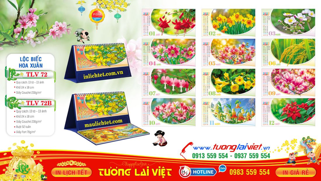 Mẫu lịch bàn 13 tờ Sắc Xuân